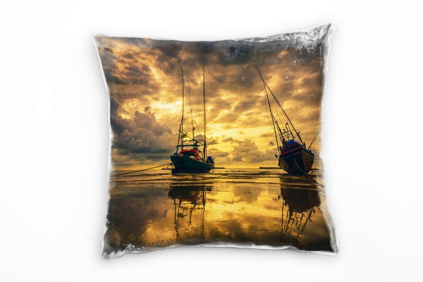 Paul Sinus Art Strand und Meer, Sonnenuntergang, Schiffe Deko Kissen 40x40cm für Couch Sofa Lounge Zierkissen