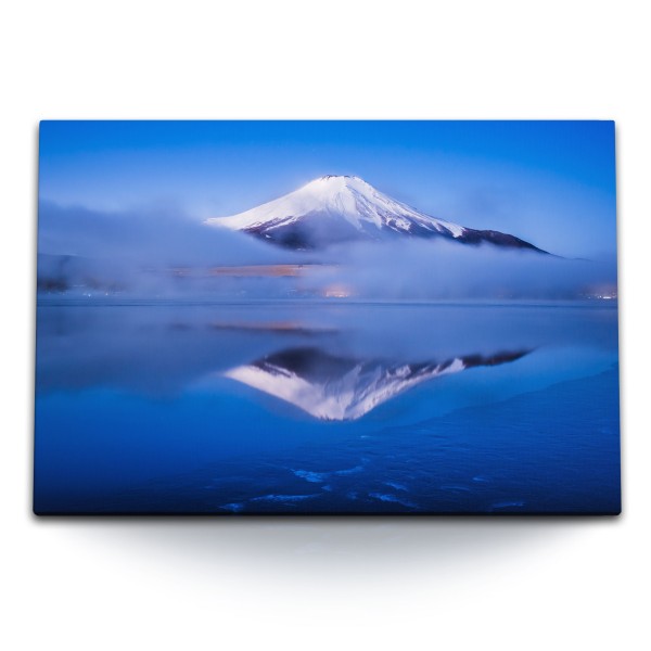 120x80cm Wandbild auf Leinwand Vulkan Japan Fuji Berg Dunkelblau Nebel See