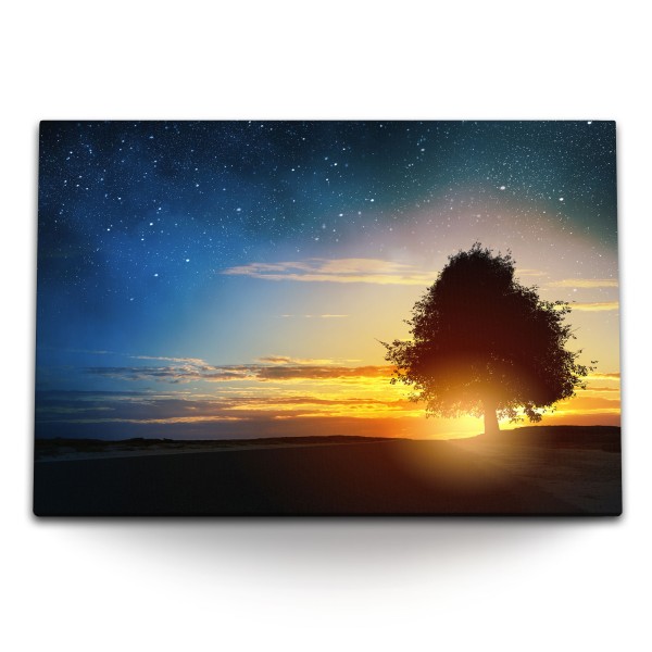 Paul Sinus Art 120x80cm Wandbild auf Leinwand Einsamer Baum Feld Hügel Sternenhimmel Abendröte