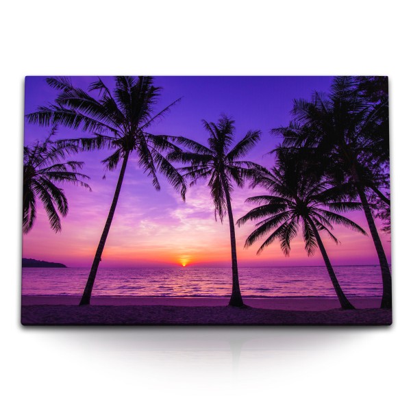 Paul Sinus Art 120x80cm Wandbild auf Leinwand Traumstrand Sonnenuntergang Abendröte Palmen Meer