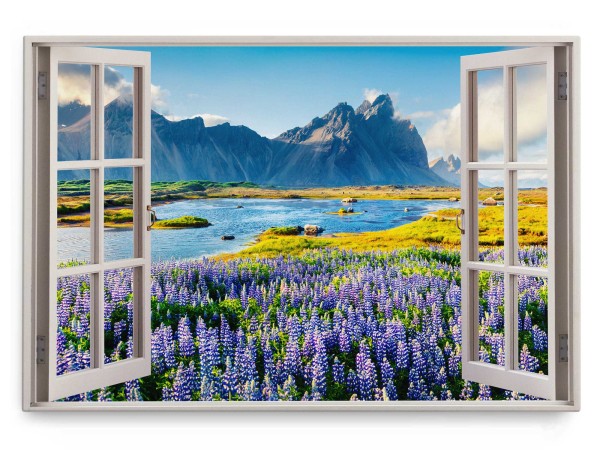 Paul Sinus Art Wandbild 120x80cm Fensterbild Südamerika See Berge Blumen Blau Natur