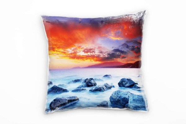 Paul Sinus Art Meer, rot, blau, Brandung, Sonnenuntergang Deko Kissen 40x40cm für Couch Sofa Lounge Zierkissen