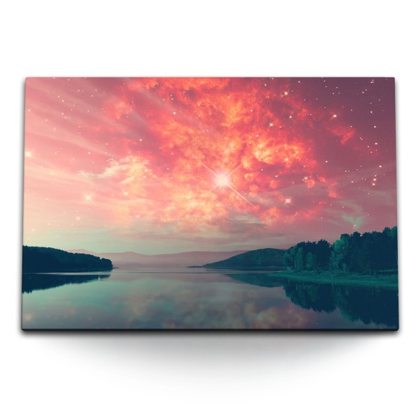 Paul Sinus Art 120x80cm Wandbild auf Leinwand Astrofotografie Sterne Sternenhimmel See Natur Rot