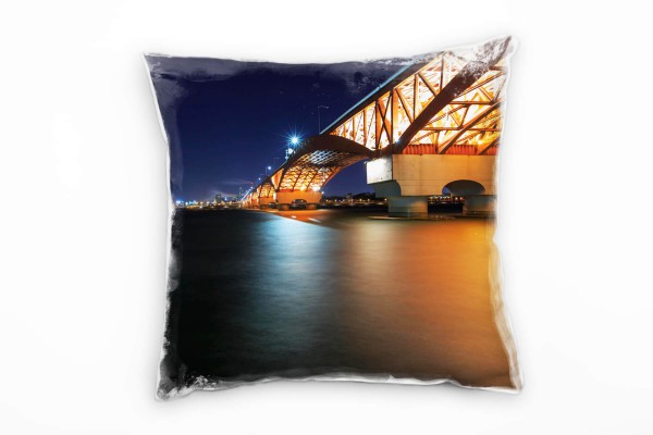 Paul Sinus Art City, Korea, Brücke, Nacht, blau, orange Deko Kissen 40x40cm für Couch Sofa Lounge Zierkissen