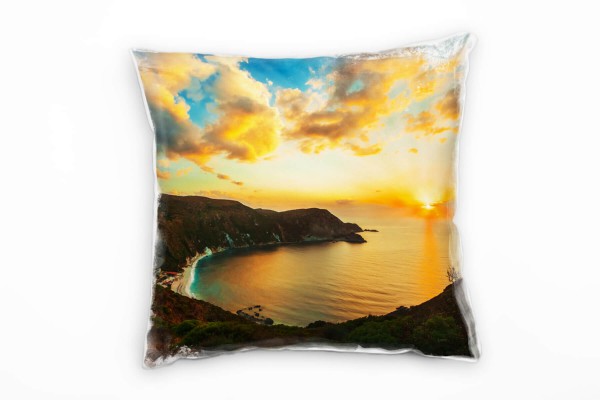 Paul Sinus Art Landschaft, orange, blau, Bucht, Sonnenuntergang Deko Kissen 40x40cm für Couch Sofa Lounge Zierkisse