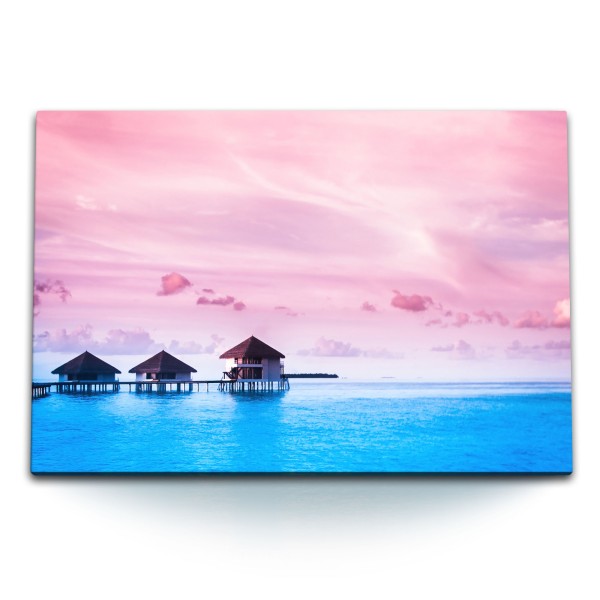 120x80cm Wandbild auf Leinwand Wasserbungalows Malediven rosa Himmel Meer Horizont