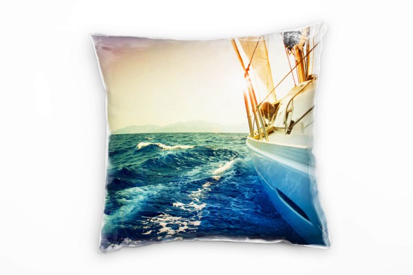 Paul Sinus Art Meer, blau, orange, Segelboot im Sonnenuntergang Deko Kissen 40x40cm für Couch Sofa Lounge Zierkisse