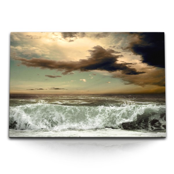 Paul Sinus Art 120x80cm Wandbild auf Leinwand Stürmische See Meer Wellen Gewitterwolken Horizont