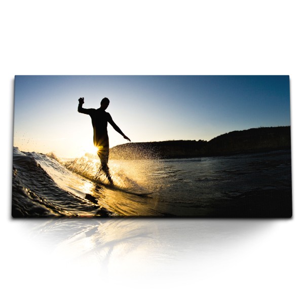 Paul Sinus Art Kunstdruck Bilder 120x60cm Sonnenuntergang Meer Wellen Surfen Surfer Abenddämmerung