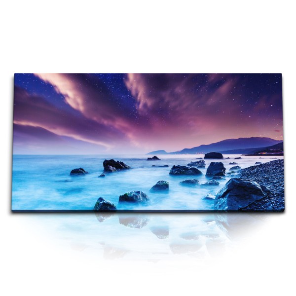 Paul Sinus Art Kunstdruck Bilder 120x60cm Strand bei Nacht Sternenhimmel Dunkelblau Berge Meer