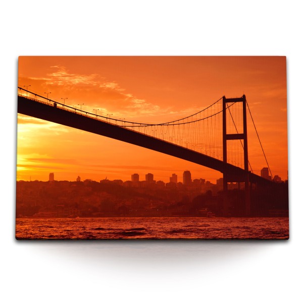 Paul Sinus Art 120x80cm Wandbild auf Leinwand Bosporus Brücke Istanbul Türkei roter Himmel Sonnenuntergang