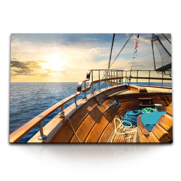 Paul Sinus Art 120x80cm Wandbild auf Leinwand Schiff Segelschiff Meer Sonnenuntergang Holzschiff