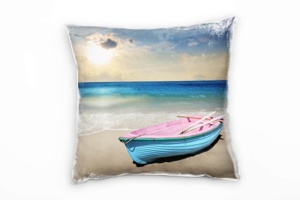 Paul Sinus Art Strand und Meer, blau, braun, rosa Boot am Strand Deko Kissen 40x40cm für Couch Sofa Lounge Zierkiss