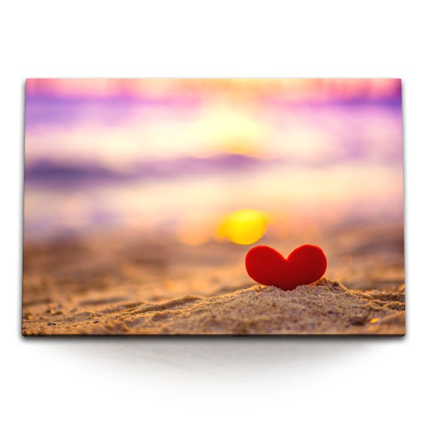 Paul Sinus Art 120x80cm Wandbild auf Leinwand Sandstrand Strand rotes Herz Sonnenuntergang Abendrot