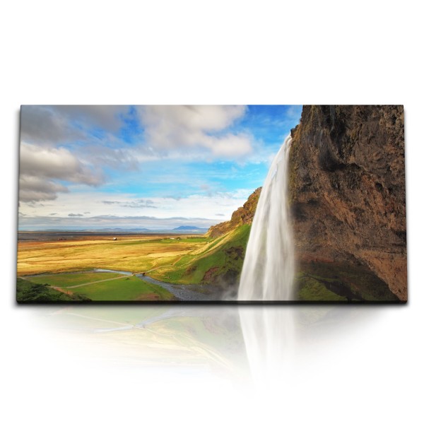 Paul Sinus Art Kunstdruck Bilder 120x60cm Wasserfall Island Natur Berge Landschaft Sonnenuntergang