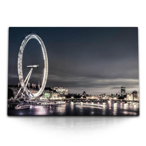 Paul Sinus Art 120x80cm Wandbild auf Leinwand London bei Nacht Riesenrad Stadt England