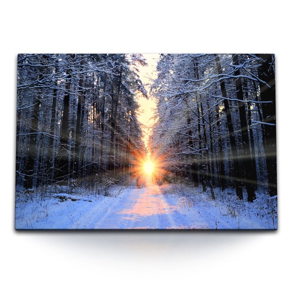 Paul Sinus Art 120x80cm Wandbild auf Leinwand Wald Winter Schnee Sonnenuntergang Sonnenstrahlen