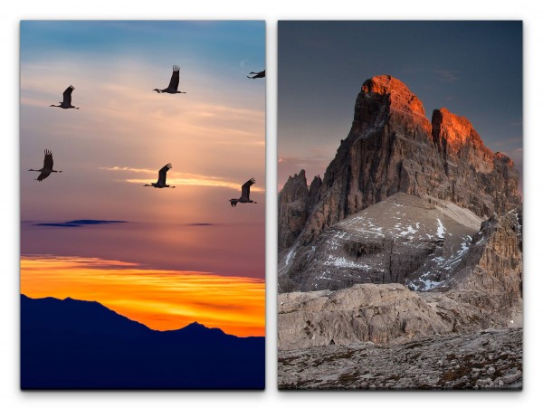 Paul Sinus Art 2 Bilder je 60x90cm Dolomiten Berge Kraniche Sonnenuntergang Vögel Wolken Abendröte