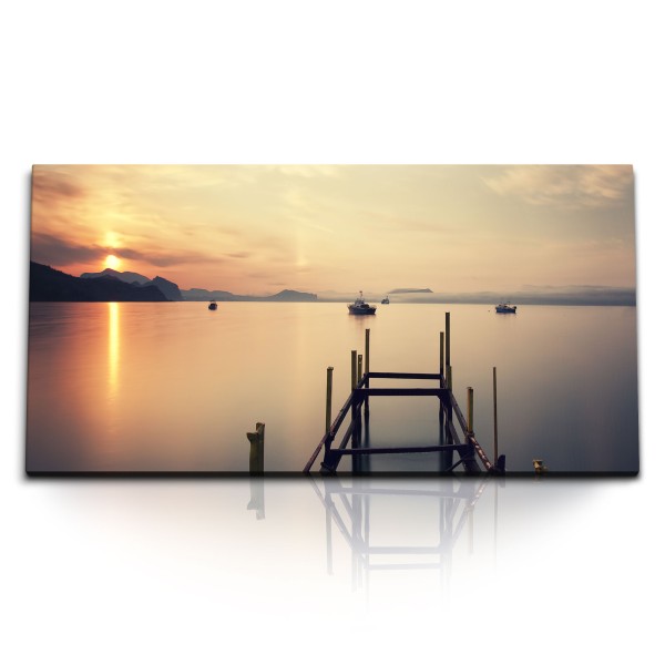 Paul Sinus Art Kunstdruck Bilder 120x60cm Meer Steg Berge Abend Sonnenuntergang Boote