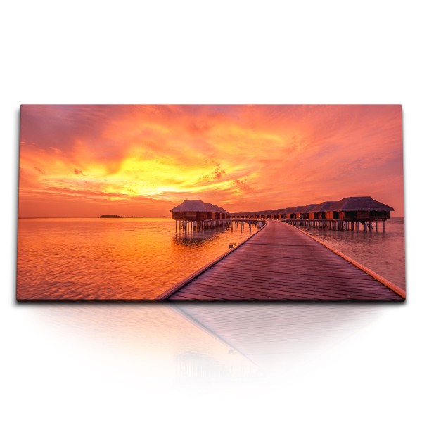 Paul Sinus Art Kunstdruck Bilder 120x60cm Malediven Wasserbungalows roter Himmel Sonnenuntergang