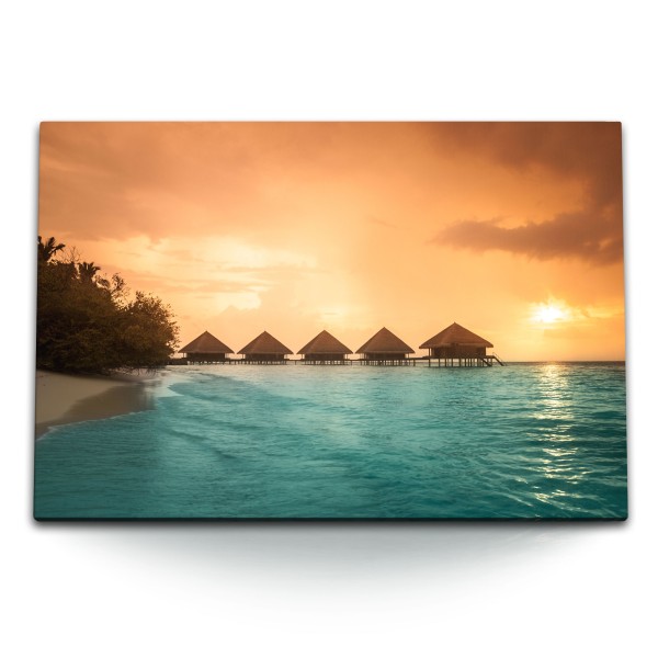 Paul Sinus Art 120x80cm Wandbild auf Leinwand Malediven Wasserbungalow Abendrot roter Himmel Meer