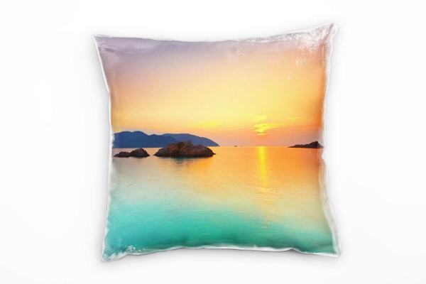 Paul Sinus Art Meer, türkis, orange, Sonnenuntergang Deko Kissen 40x40cm für Couch Sofa Lounge Zierkissen