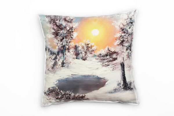 Paul Sinus Art Winter, Schnee, Winterwald, gemalt, weiß, orange Deko Kissen 40x40cm für Couch Sofa Lounge Zierkisse