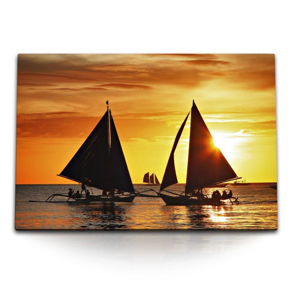 Paul Sinus Art 120x80cm Wandbild auf Leinwand Segelboote Segeln Abendröte Meer Horizont roter Himmel