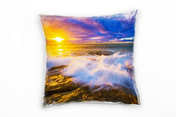 Paul Sinus Art Strand und Meer, Sonnenuntergang, orange, blau Deko Kissen 40x40cm für Couch Sofa Lounge Zierkissen