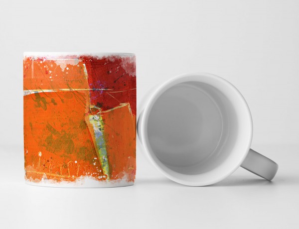 Tasse Geschenk orange-rot Abstraktion; gelb, olivgrün, weiße Elemente 