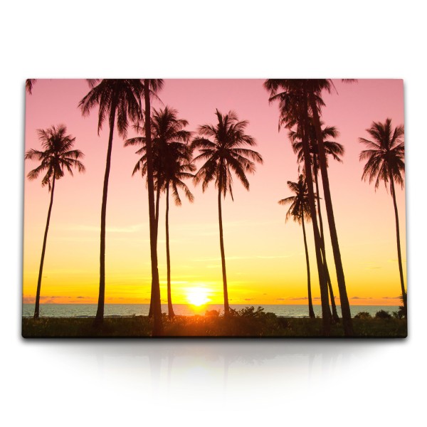 Paul Sinus Art 120x80cm Wandbild auf Leinwand Sonnenuntergang Palmen Strand Meer Südsee Süden