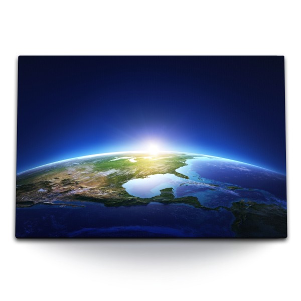 Paul Sinus Art 120x80cm Wandbild auf Leinwand Planet Erde blauer Planet Welt Weltall Sonnenaufgang