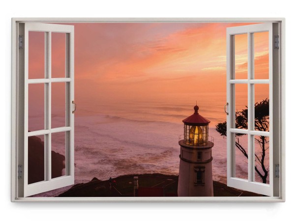 Paul Sinus Art Wandbild 120x80cm Fensterbild Meer Wellen Horizont Leuchtturm Abendrot Sonnenunterhang