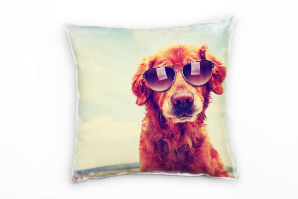 Paul Sinus Art Tiere, Hund mit Sonnenbrille, Golden Retriever, braun, blau Deko Kissen 40x40cm für Couch Sofa Loung