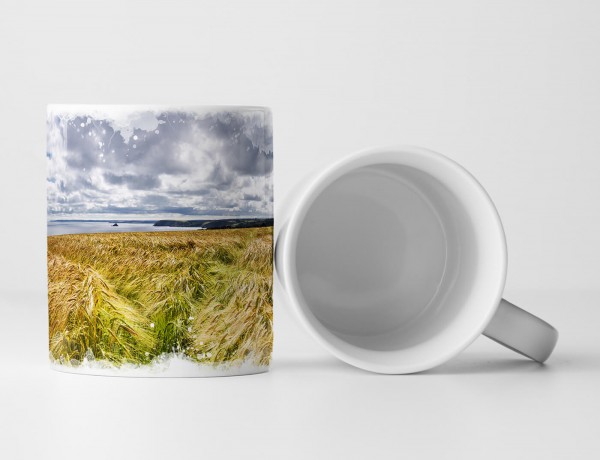 Paul Sinus Art Tasse Geschenk Landschaftsfotografie – Goldenes Gerstenfeld am Meer Cornwall UK