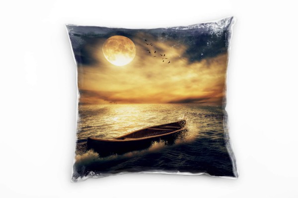 Paul Sinus Art Meer, Boot, Vollmond, Fantasie, orange, blau Deko Kissen 40x40cm für Couch Sofa Lounge Zierkissen