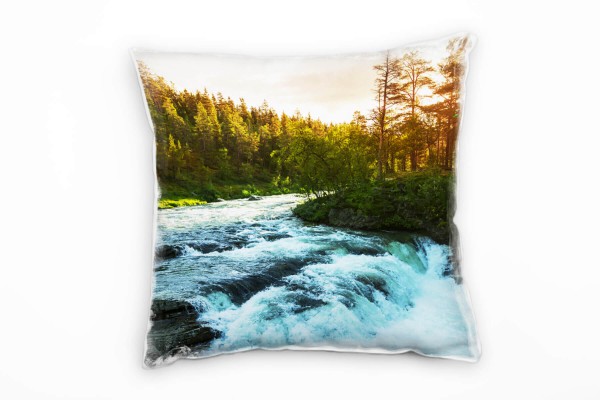 Paul Sinus Art Natur, türkis, grün, orange, Nadelwald, Fluss, Sonne Deko Kissen 40x40cm für Couch Sofa Lounge Zierk