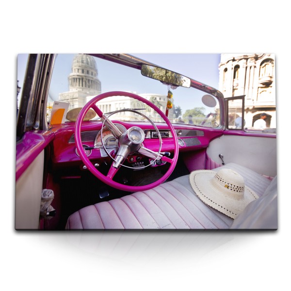 Paul Sinus Art 120x80cm Wandbild auf Leinwand Kuba Havanna Oldtimer Auto Rosa Sonnenschein