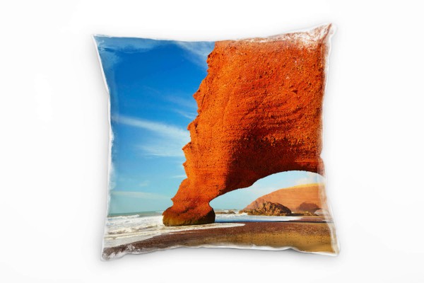 Paul Sinus Art Strand und Meer, blau, orange, Marokko, Felsentunnel Deko Kissen 40x40cm für Couch Sofa Lounge Zierk