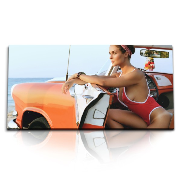 Paul Sinus Art Kunstdruck Bilder 120x60cm Oldtimer 50er Jahre junge Frau Bikini Strand Sommer