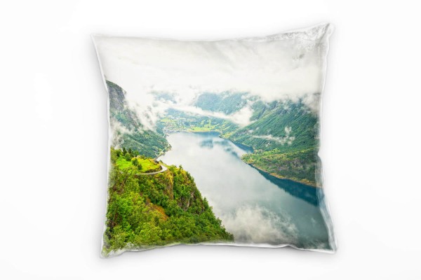 Paul Sinus Art Landschaft, grün, grau, norwegischer Fjord Deko Kissen 40x40cm für Couch Sofa Lounge Zierkissen