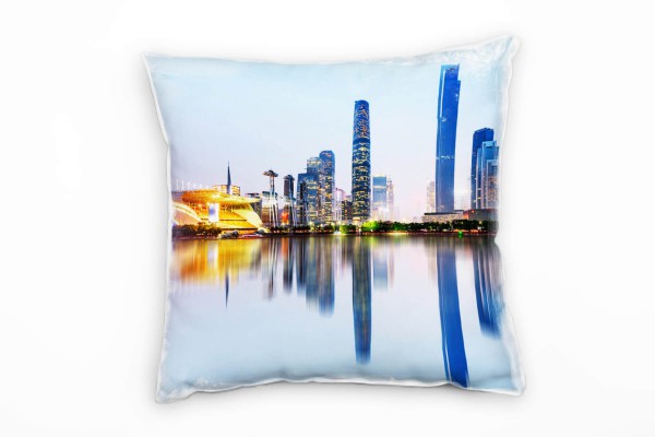 Paul Sinus Art City, Guangzhou, China, Spiegelung, blau, orange Deko Kissen 40x40cm für Couch Sofa Lounge Zierkisse