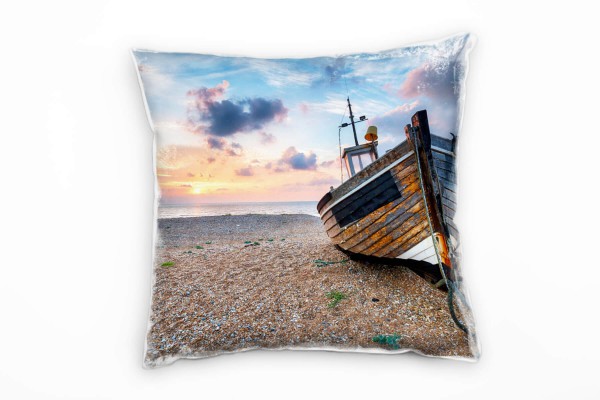 Paul Sinus Art Strand und Meer, Sonnenaufgang, Schiff, braun, blau Deko Kissen 40x40cm für Couch Sofa Lounge Zierki