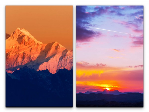 Paul Sinus Art 2 Bilder je 60x90cm Berge Berggipfel Sonnenuntergang roter Himmel Stille Meditation positive Energie