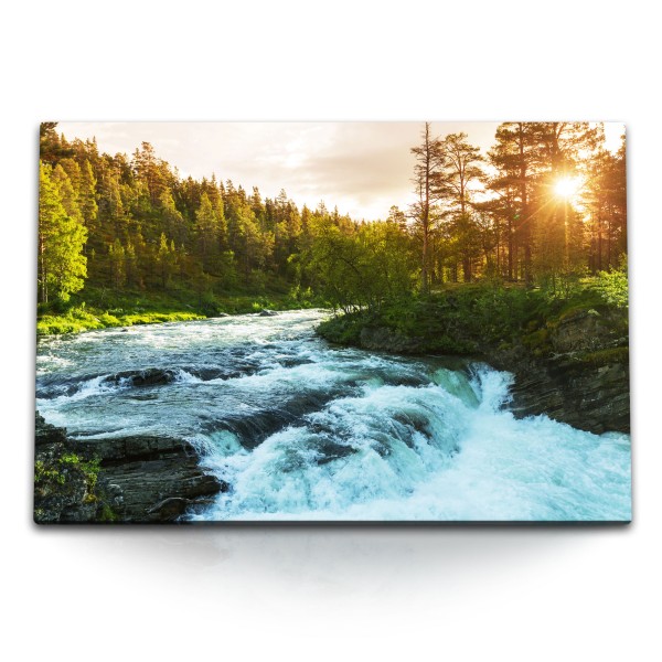 Paul Sinus Art 120x80cm Wandbild auf Leinwand Wilder Fluss Natur Wald Sonnenuntergang Sonnenschein