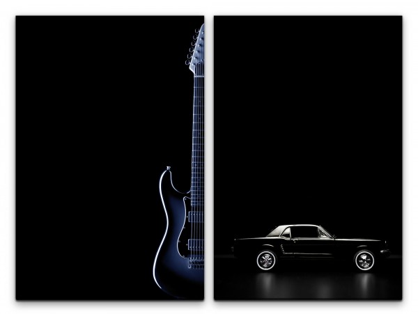 Paul Sinus Art 2 Bilder je 60x90cm E-Gitarre Musik Schwarz Mustang Rock and Roll Traumauto Oldtimer