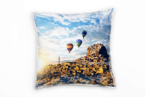 Paul Sinus Art City, braun, blau, Heißluftballons, Sonnenaufgang Deko Kissen 40x40cm für Couch Sofa Lounge Zierkiss