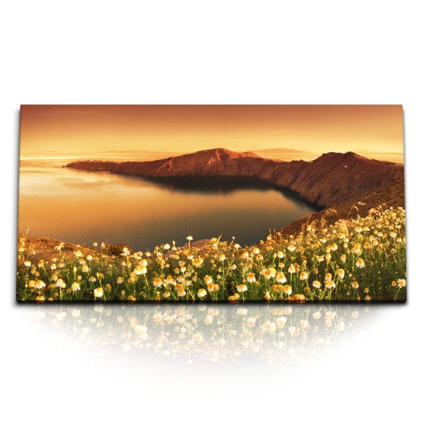 Paul Sinus Art Kunstdruck Bilder 120x60cm Sonnenuntergang Klippen Küste Bucht Meer Blumen