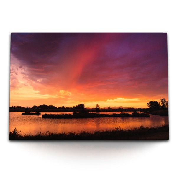 Paul Sinus Art 120x80cm Wandbild auf Leinwand Natur See Abenddämmerung Sonnenuntergang Abendröte