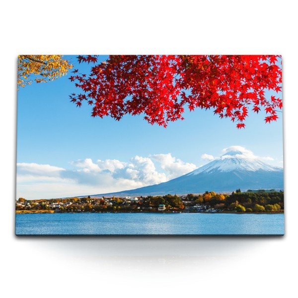 Paul Sinus Art 120x80cm Wandbild auf Leinwand Japan Fuji Berg Meer rote Herbstblätter Natur